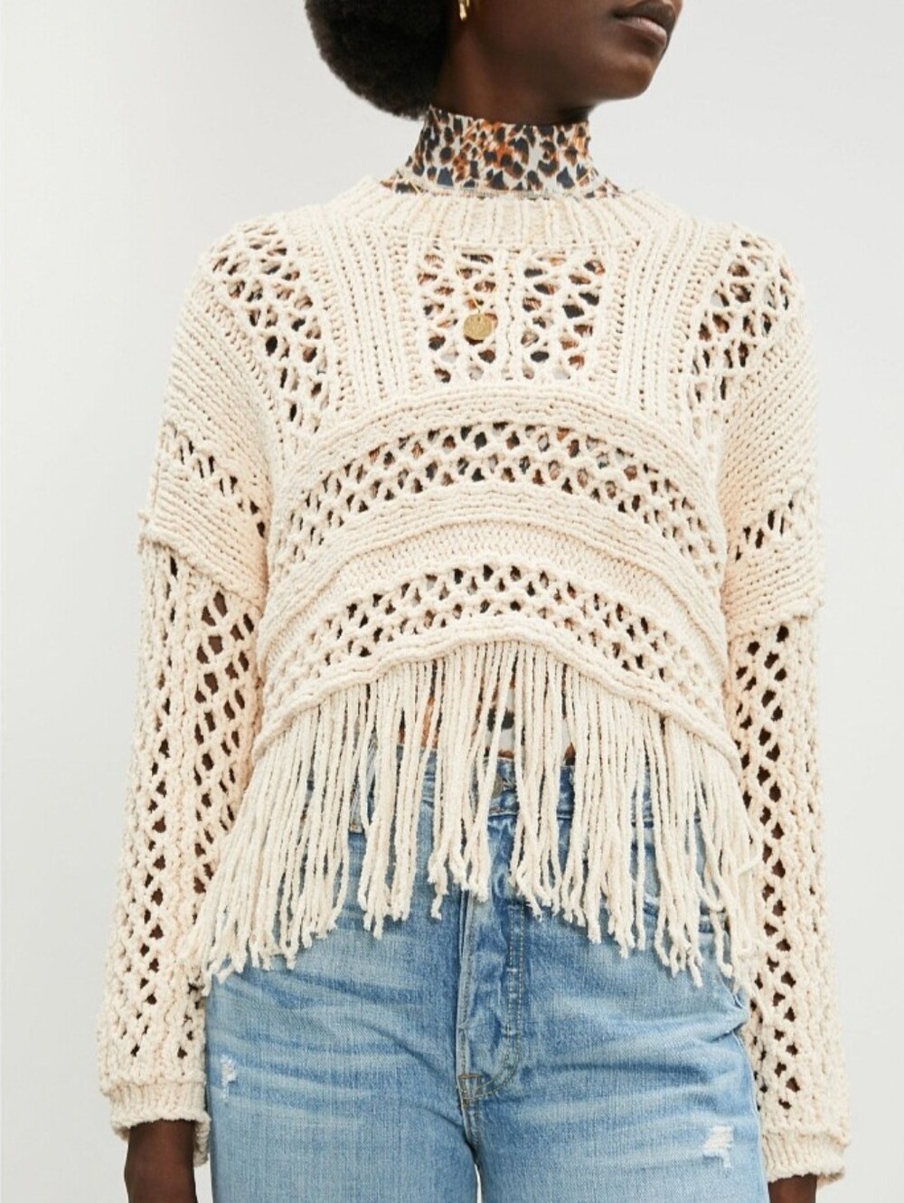 Free People crwam crochet fringe ends sweater